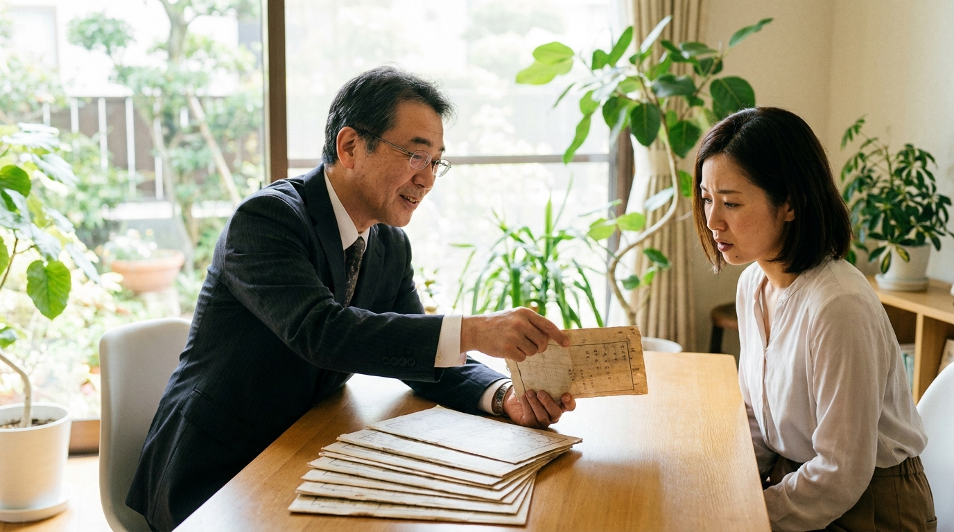 二次相続について司法書士に相談する女性。10年前に取得した古い戸籍謄本が使えるかどうか、専門家からアドバイスを受けている。
