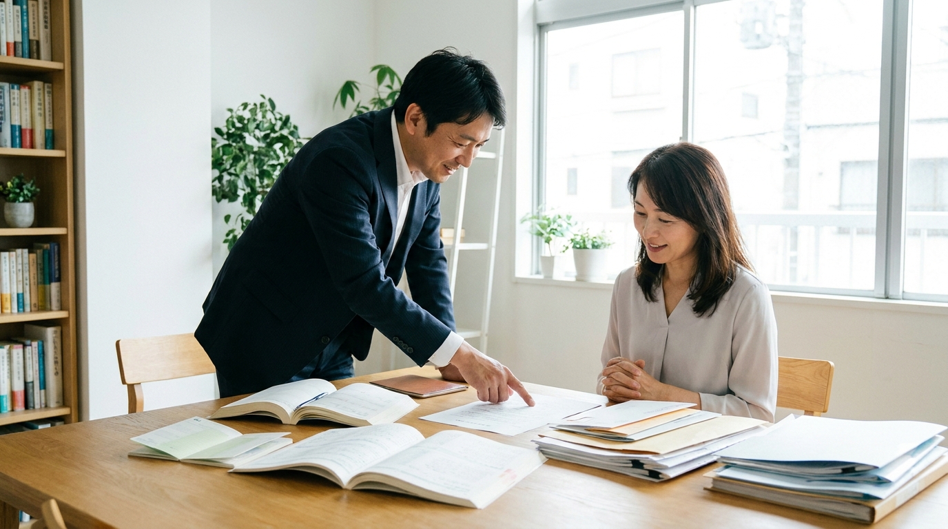 司法書士が相談者の悩みを聞いている様子。テーブルには通帳や契約書類が広げられており、専門家が契約整理をサポートしていることがわかる。