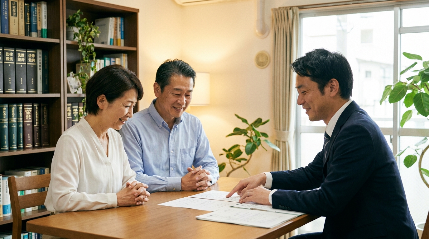 ogai_image_3 | いがり円満相続相談室 司法書士に相続の相談をし、説明を聞いて安心する夫婦。