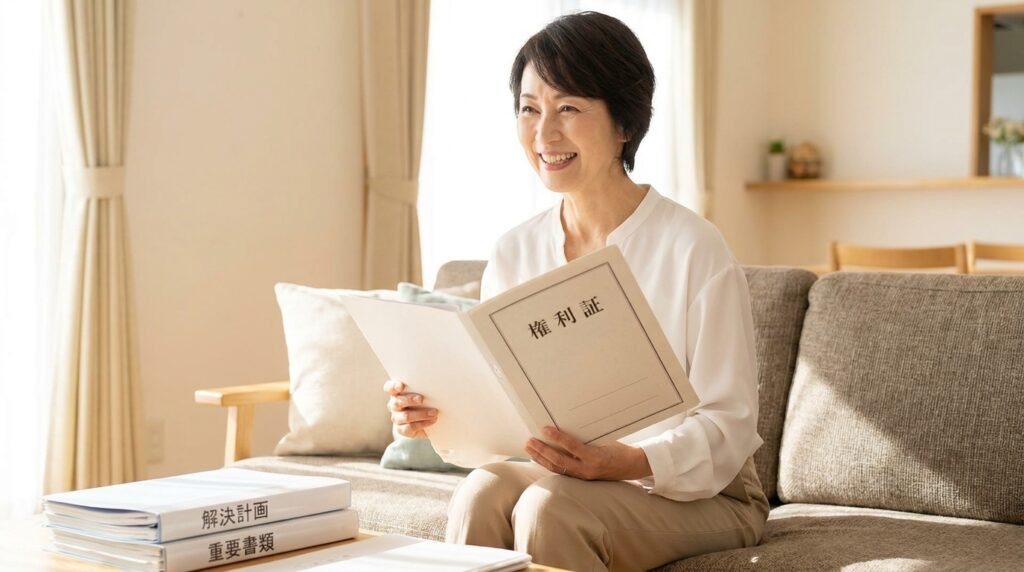 Smiling woman in a white blouse sits on a beige sofa, reading a document with Japanese text on its cover.