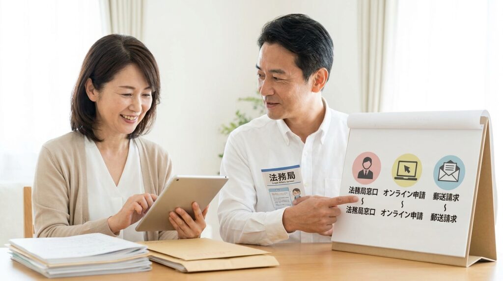 Woman with a tablet sits beside a man who points to a flip chart displaying icons and Japanese text in a bright office.
