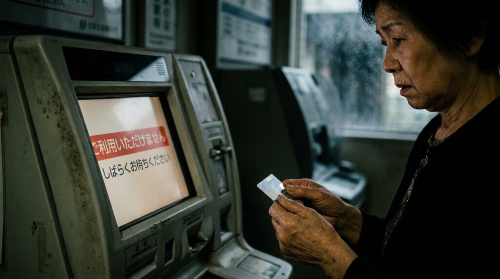Older woman at a worn ATM, holding a card as she waits; screen shows Japanese text 'しばらくお待ちください'.