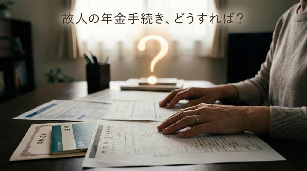 Informational scene: hands review pension documents at a table with a glowing question mark in the background, about handling a deceased person’s pension procedures.