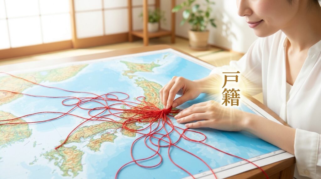 Hands weave red thread across a world map, symbolizing tracing family roots, with glowing kanji 戸籍 on the side.