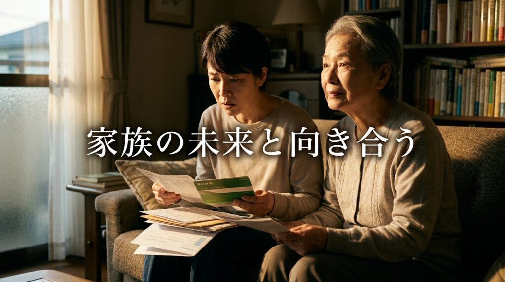 Two Japanese women, younger and older, sit on a living room sofa examining letters and documents together as sunlight pours in.