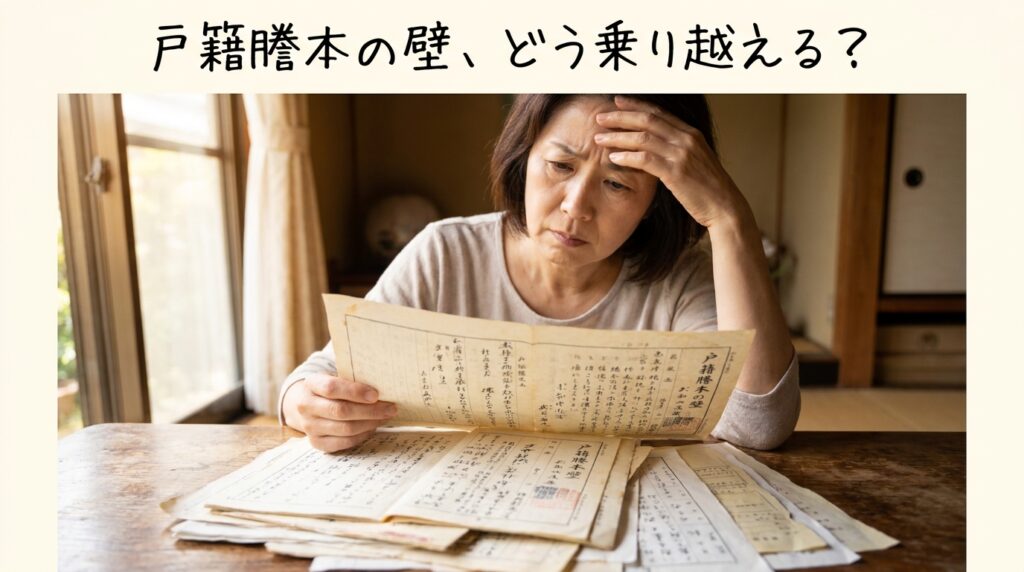 Woman sits at a wooden table by a window, reading old Japanese documents with a worried expression, hand on her forehead.