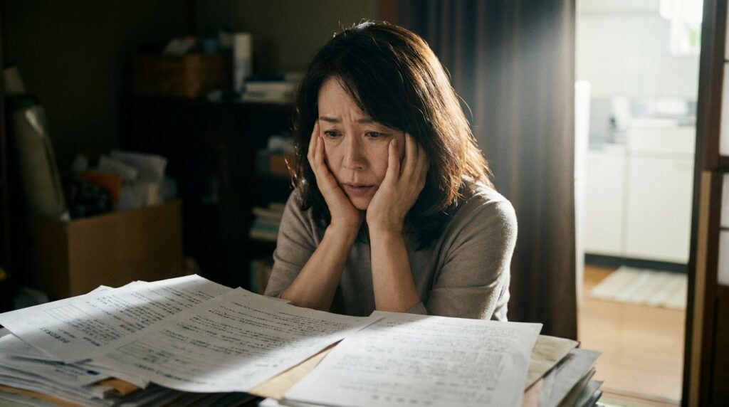 Woman sits at a cluttered table, hands on her cheeks, looking overwhelmed by scattered papers and documents in a dimly lit room.