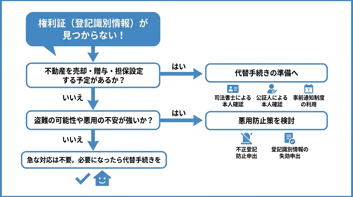 権利証(登記識別情報)を紛失した際の状況診断フローチャート。売却予定の有無や盗難の可能性から、今すべきことが分かる図解。