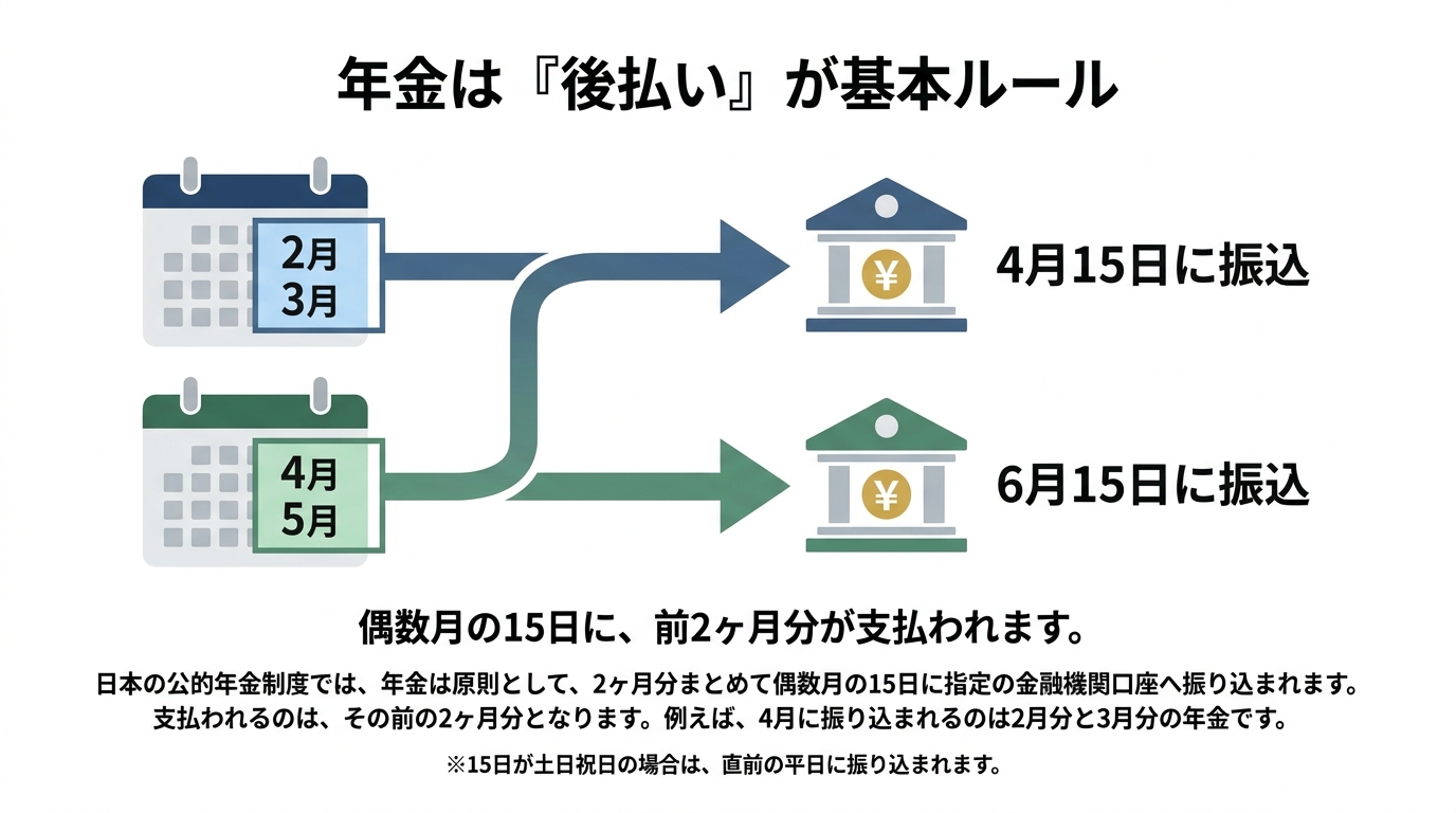 年金の後払い制度の仕組みを図解したインフォグラフィック。2月・3月分が4月15日に、4月・5月分が6月15日に振り込まれる流れが示されている。