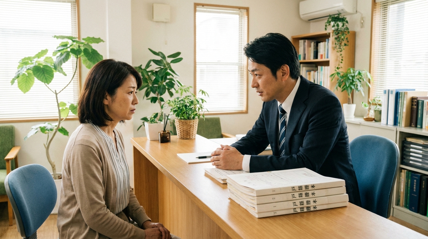 ogai_image_1 | いがり円満相続相談室 司法書士に相続の戸籍について相談している女性。専門家が親身に対応している様子。
