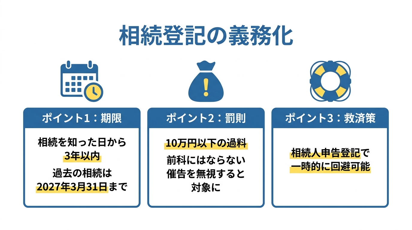 ogai_image_1 | いがり円満相続相談室 相続登記義務化の3つの重要ポイント(期限、罰則、救済策)をまとめた図解。
