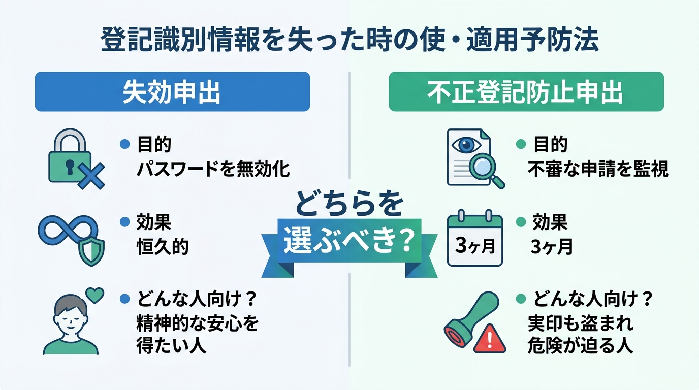 「失効申出」と「不正登記防止申出」の比較図解。目的、効果、おすすめの状況を分かりやすく対比し、どちらを選ぶべきかの判断基準を示す。