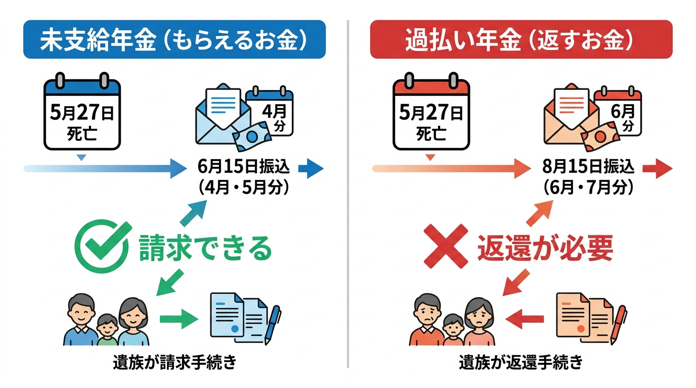 未支給年金と過払い年金の違いを比較する図解。5月27日に死亡した場合、6月15日振込分は未支給年金、8月15日振込分は過払い年金となることが示されている。