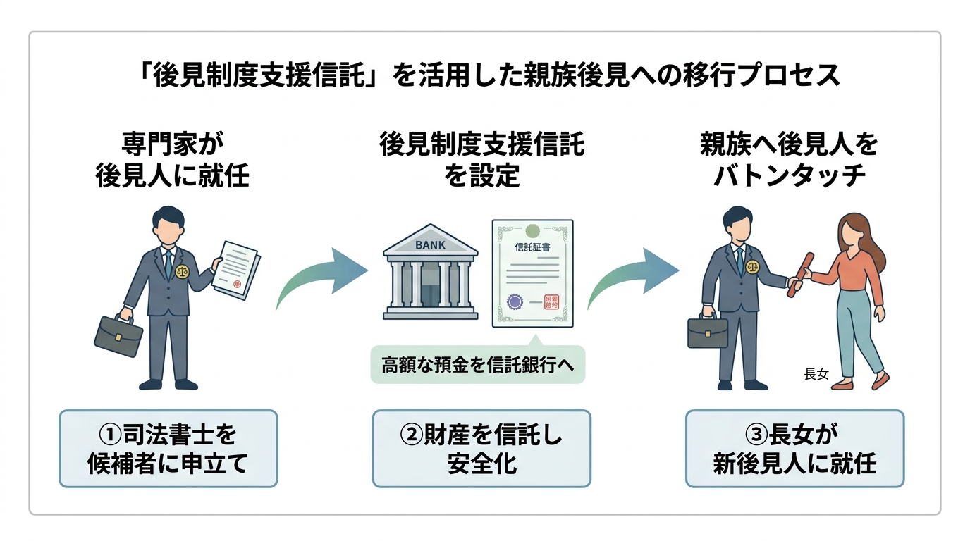 後見制度支援信託を利用し、専門職後見人から親族後見人へスムーズに移行する流れを示した3ステップの図解。