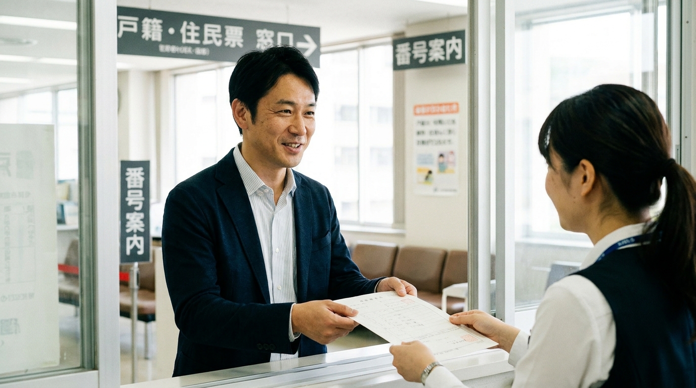 市役所の窓口で戸籍謄本を受け取る男性。相続手続きが一つ進んだことへの安堵の表情を浮かべている。