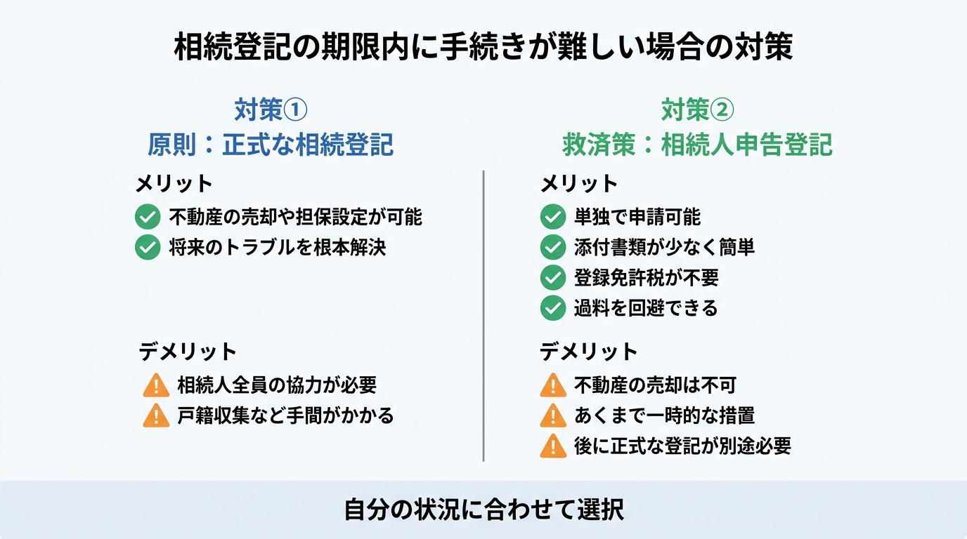 ogai_image_2 | いがり円満相続相談室 相続登記義務化への2つの対策、「正式な相続登記」と「相続人申告登記」のメリット・デメリットを比較した図解。