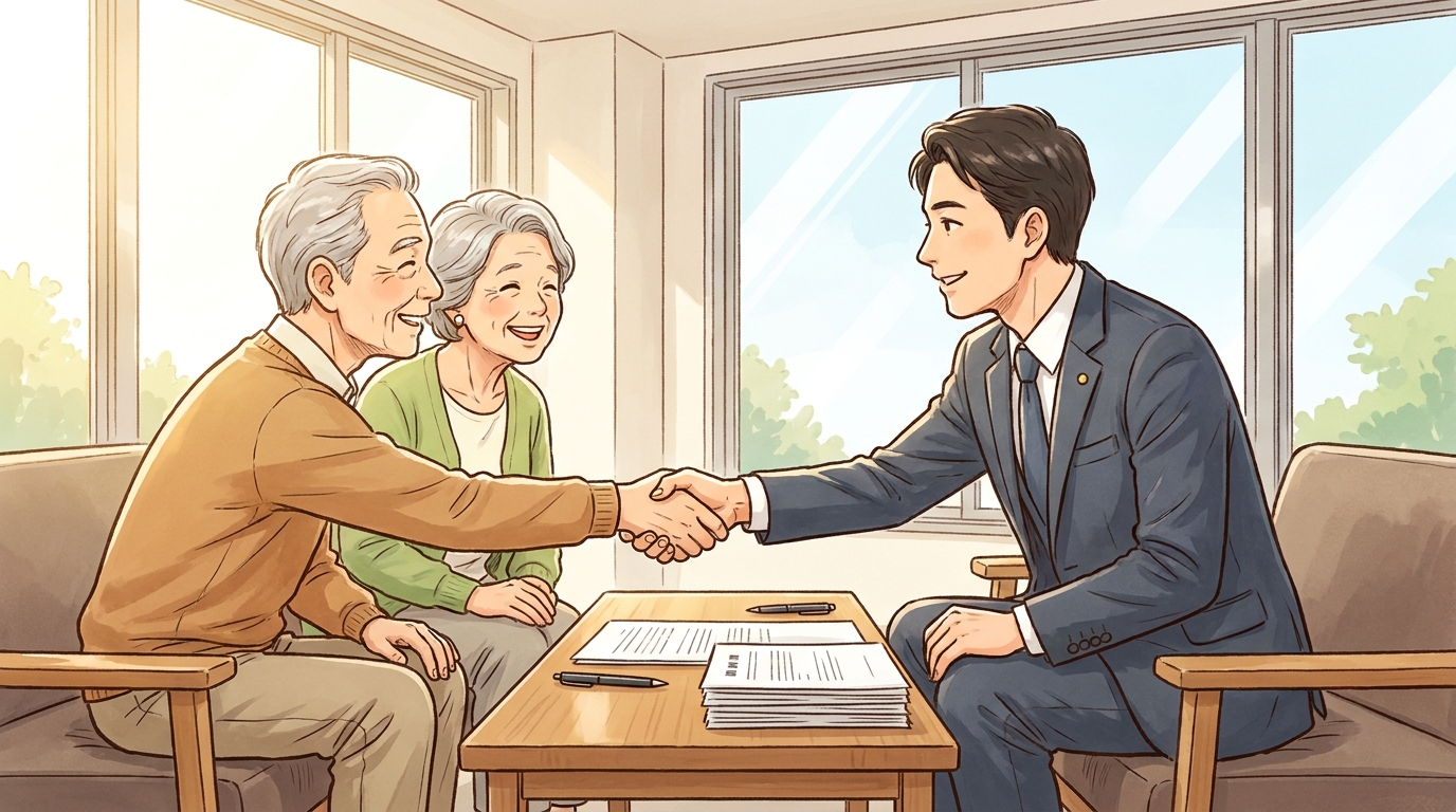 不動産売却の手続きを終え、司法書士と安心した表情で握手をする夫婦。権利証がなくても安全に取引が完了したことを示すイラスト。