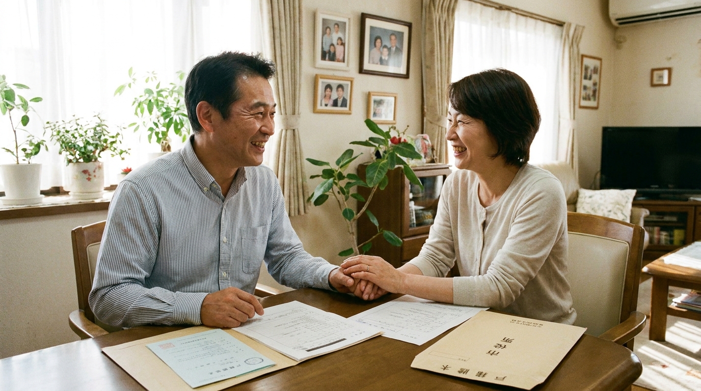 ogai_image_3 | いがり円満相続相談室 戸籍集めを終え、安堵の表情を浮かべる夫婦。自分たちで相続手続きを進めている様子。