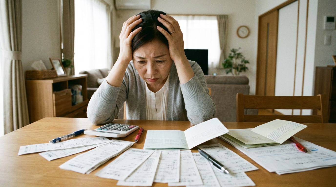 成年後見人の義務である家庭裁判所への定期報告の準備で、大量の書類を前に頭を抱える女性。