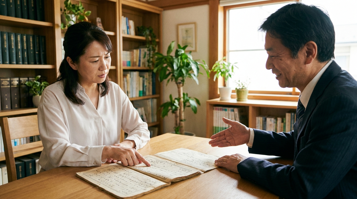 司法書士に戸籍収集の相談をする女性。専門家に依頼することで相続手続きの不安が解消されるイメージ。