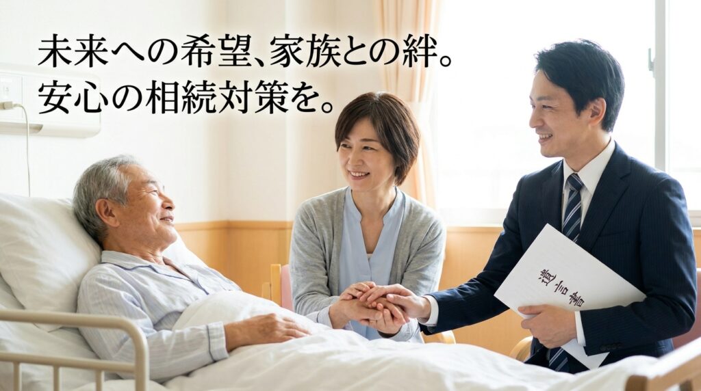 Hospital room scene: an elderly man in bed smiles as a woman and a businessman in a suit hold his hands, conveying warmth and support (Japanese headline about future, family bonds, and inheritance planning).