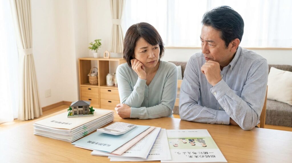 Couple sits at a table with a model house, folders, and a calculator, looking worried while reviewing documents in a home setting.