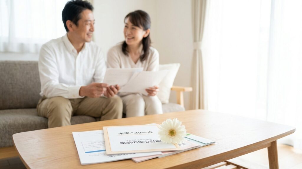 Smiling couple seated on a sofa in a bright living room, looking at papers together, with a wooden coffee table in the foreground holding documents and a white flower