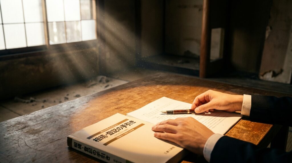Person in a dark suit writes in a notebook with a fountain pen, beside a Japanese-language book titled '相続・贈与の手続' on a wooden table, sun rays filtering through a window.