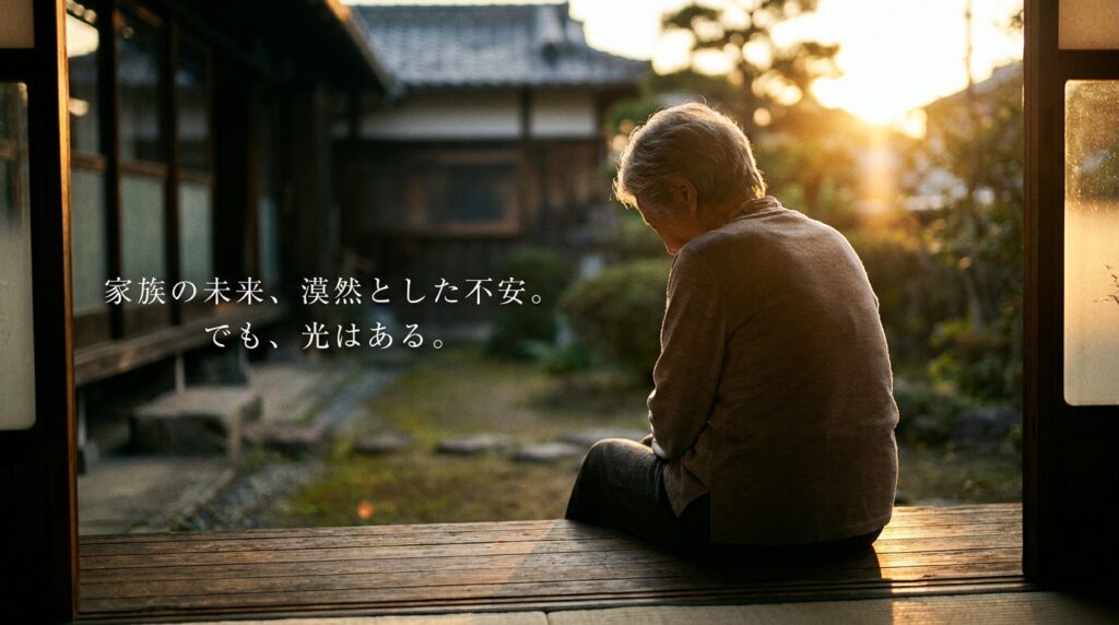 An elderly person sits on a wooden porch at sunset, gazing downward, with Japanese text overlaid: '家族の未来、漠然とした不安。でも、光はある。'