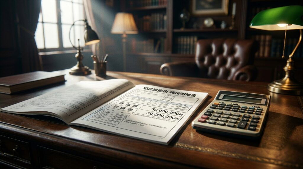 Open book and a document with Japanese text next to a calculator on a wooden desk in a vintage study.