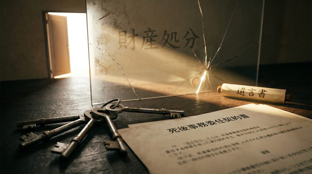 Estate scene with a ring of old keys on a dark table, a small will scroll, and a cracked glass panel bearing Japanese text in the background.