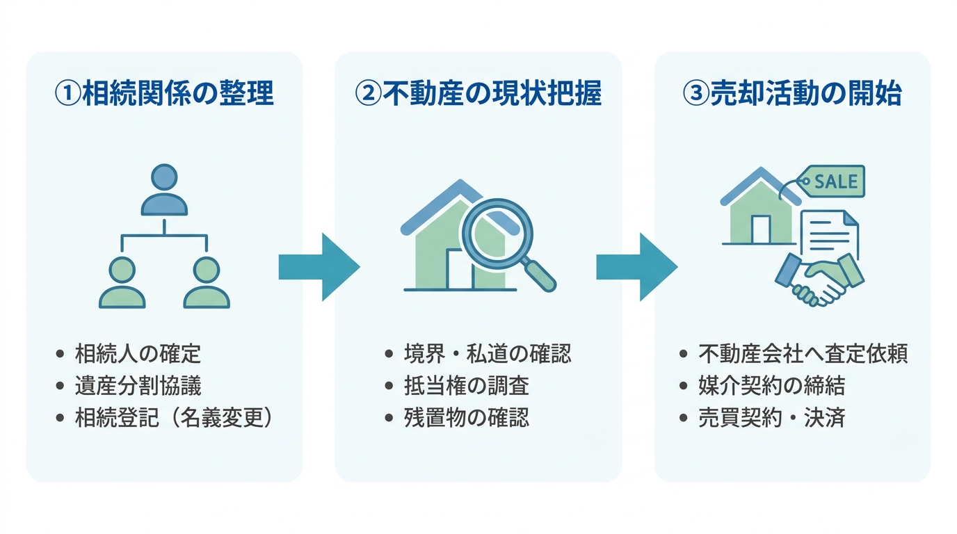 相続した家の売却手順の全体像を示すフローチャート。①相続関係の整理、②不動産の現状把握、③売却活動の開始という3つのステップで構成されている。