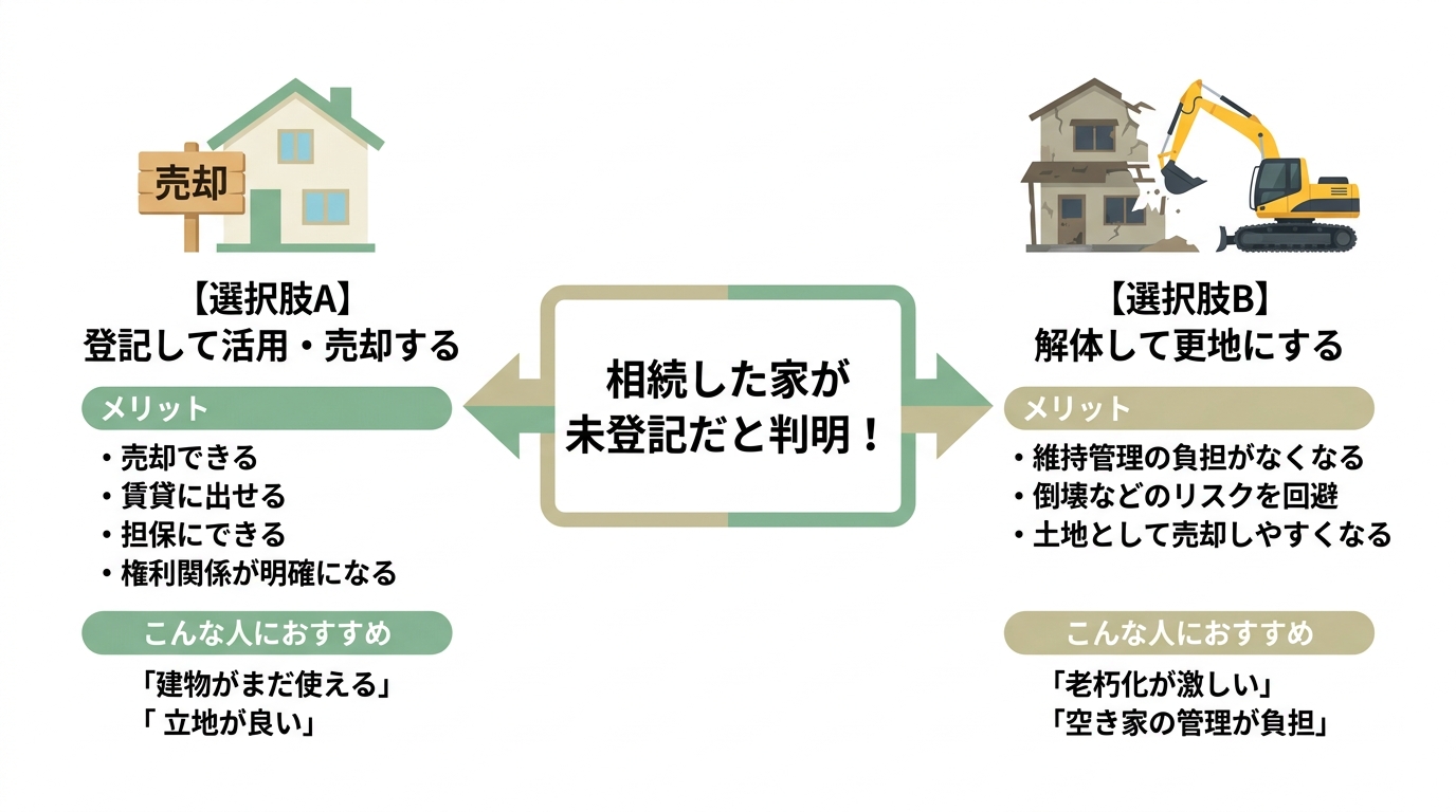 相続した未登記建物の今後の選択肢を示すフローチャート。左に「登記して活用・売却」、右に「解体して更地にする」という2つの道筋とそれぞれのメリットを解説。