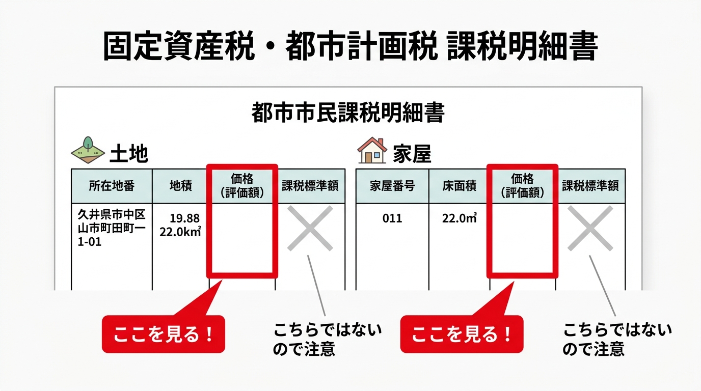 ogai_image_1 | いがり円満相続相談室 固定資産税課税明細書の見本。登録免許税の計算に使う「価格」の欄が赤枠で強調され、「課税標準額」の欄には注意喚起のバツ印が付いている図。