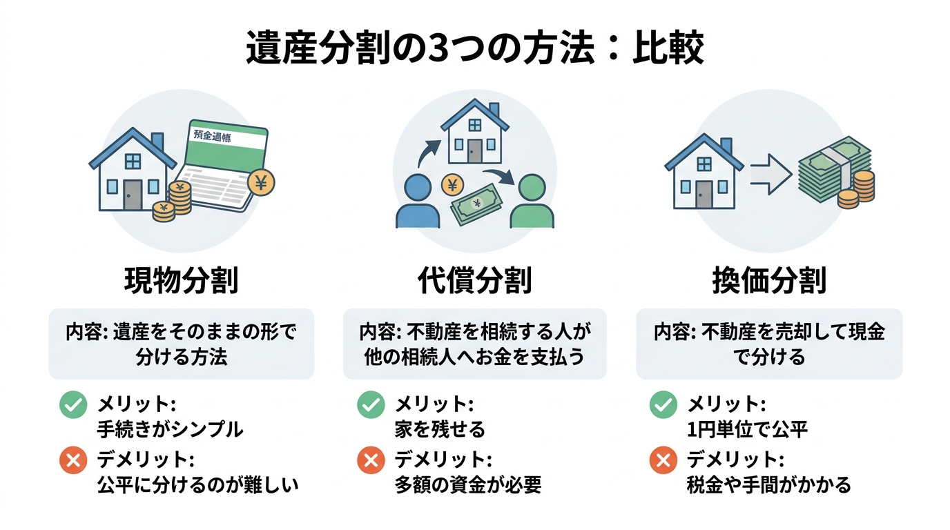 遺産分割の3つの方法(現物分割、代償分割、換価分割)のメリット・デメリットを比較した図解。