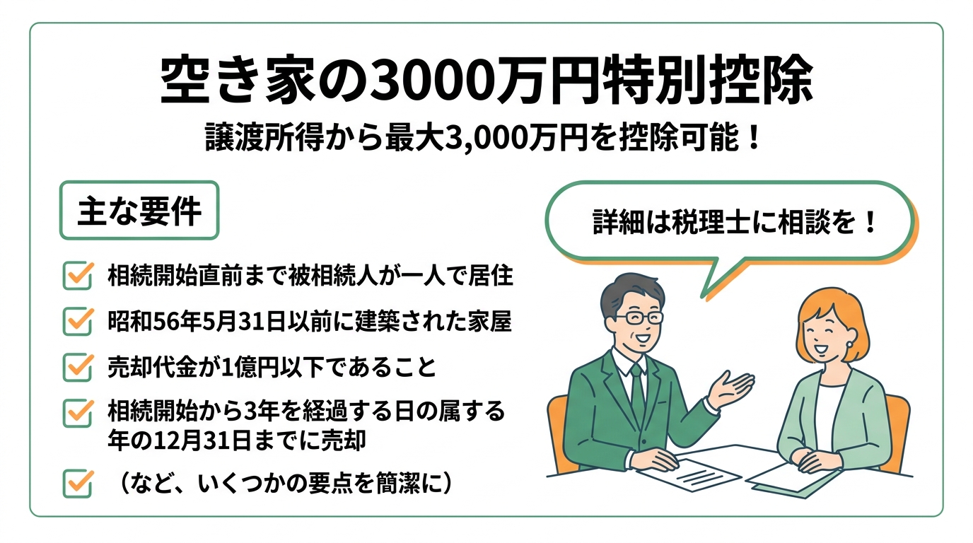 空き家の3000万円特別控除の概要を示す図解。譲渡所得から最大3000万円が控除できることや、主な適用要件がまとめられている。