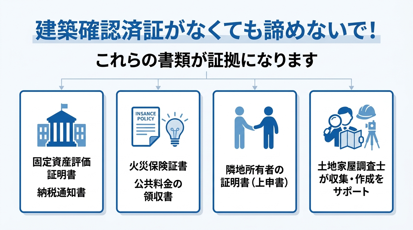 古い未登記建物で建築確認済証がない場合の代替書類一覧。固定資産評価証明書、火災保険証書、隣地所有者の証明書などが有効であることを示す図解。