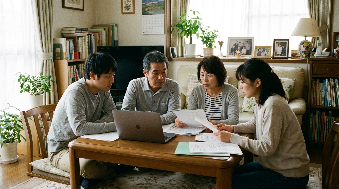 リビングで家族信託について話し合う家族。両親と子どもたちが真剣な表情で書類を囲んでいる。