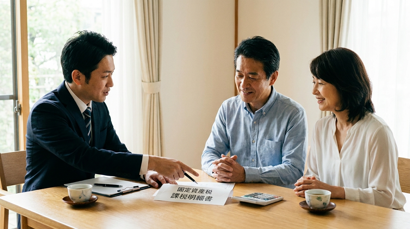 ogai_image_2 | いがり円満相続相談室 司法書士に相続登記の相談をする夫婦。テーブルの上の課税明細書を見ながら説明を受けている。