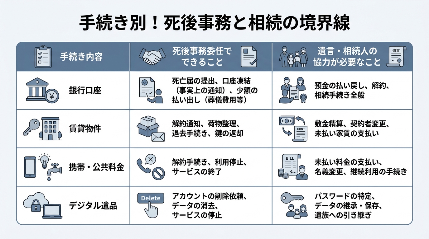 ogai_image_2 | いがり円満相続相談室 死後事務委任と遺言・相続の役割分担を示す一覧表。銀行口座、賃貸物件、携帯電話、デジタル遺品の各項目で、死後事務で可能な手続きと、遺言や相続人の協力が必要な手続きが明確に区別されています。