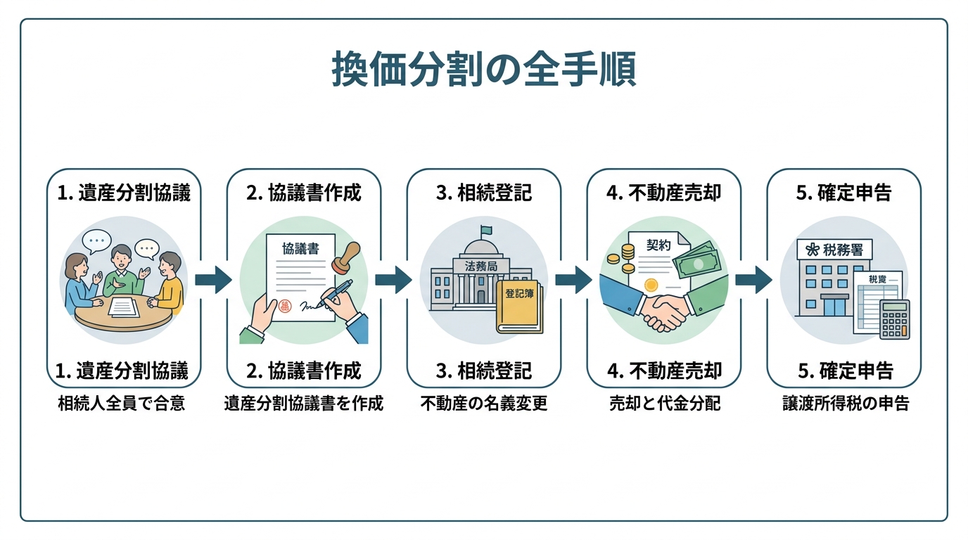 換価分割の5つのステップ(遺産分割協議、協議書作成、相続登記、不動産売却、確定申告)を時系列で示したフローチャート。
