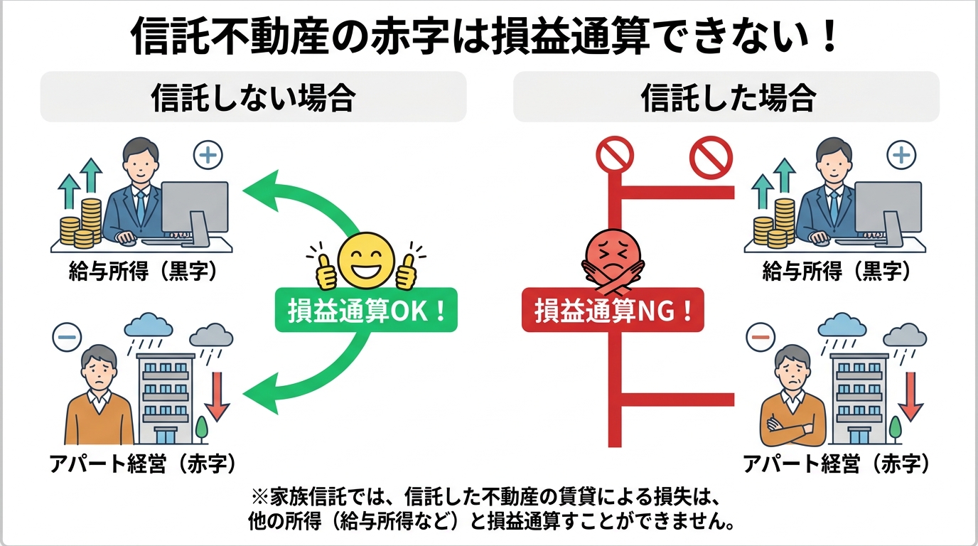 家族信託における損益通算の禁止を説明する図解。信託しない場合は損益通算できるが、信託した場合はできないことを比較して示している。