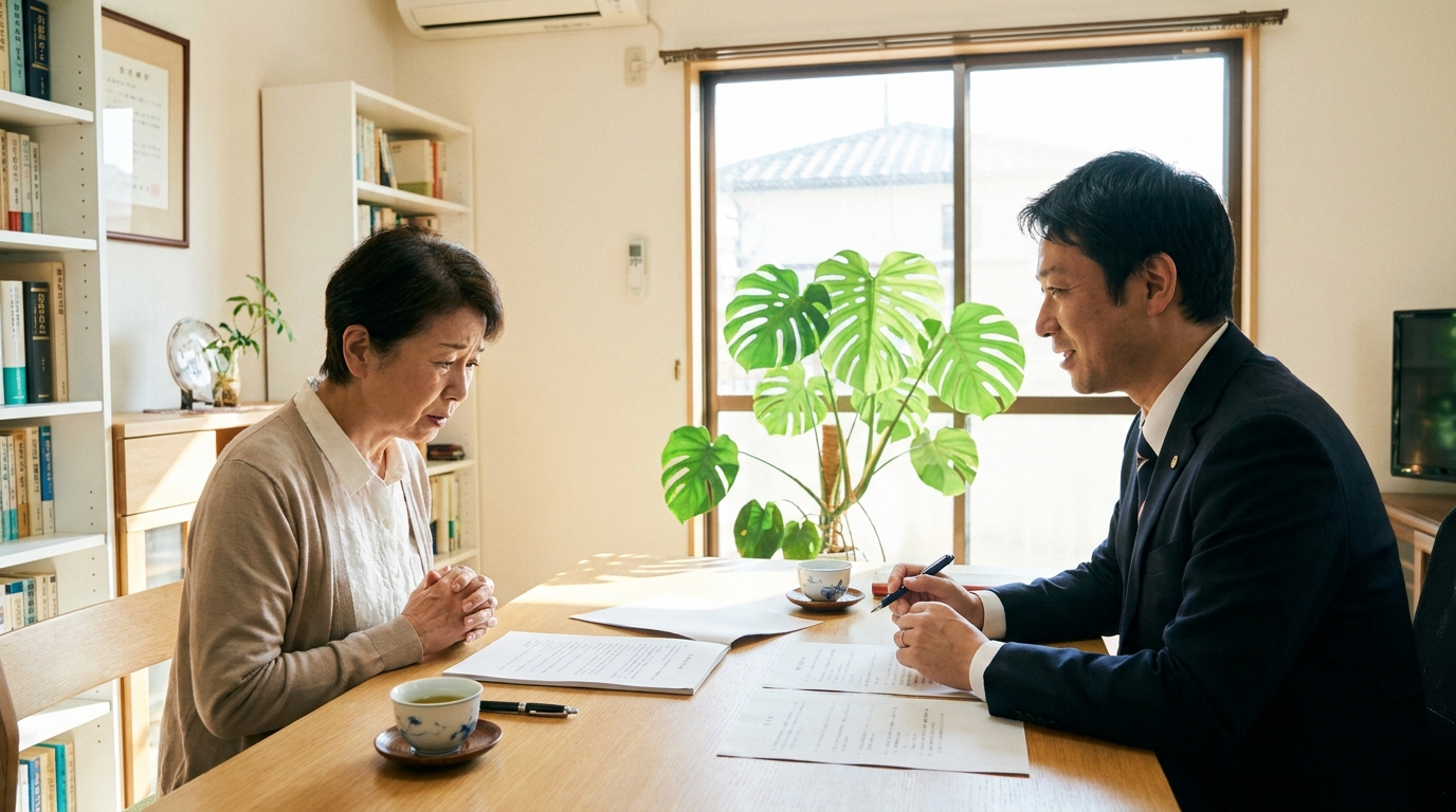 ogai_image_3 | いがり円満相続相談室 司法書士に死後事務委任について相談する高齢女性。不安な表情の女性に対し、専門家である司法書士が丁寧に説明し、安心感を与えている様子。