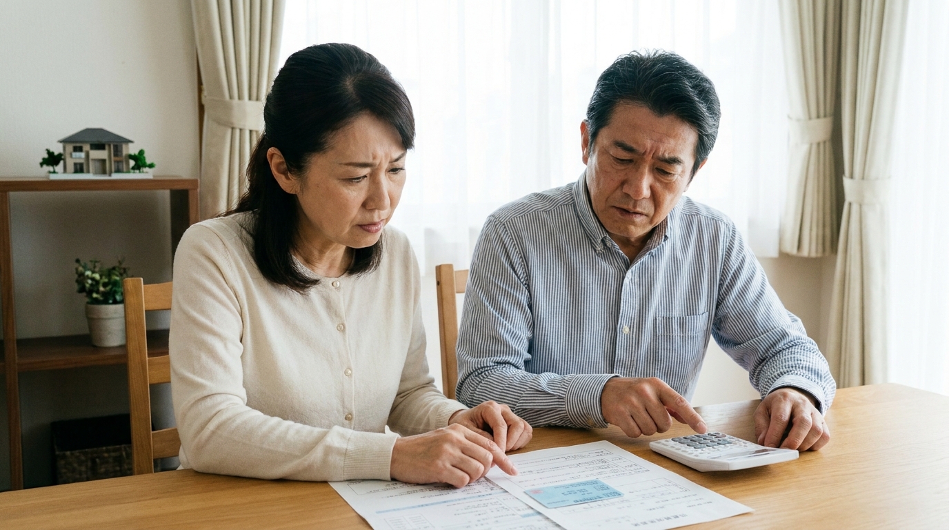 換価分割による譲渡所得税や国民健康保険料の負担について、書類を見ながら悩んでいる夫婦。