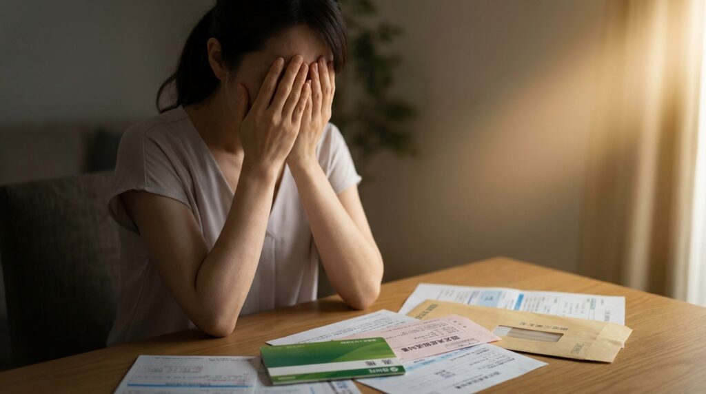 Woman sits at a wooden table with her face in her hands, surrounded by bills, invoices, and envelopes, looking stressed.