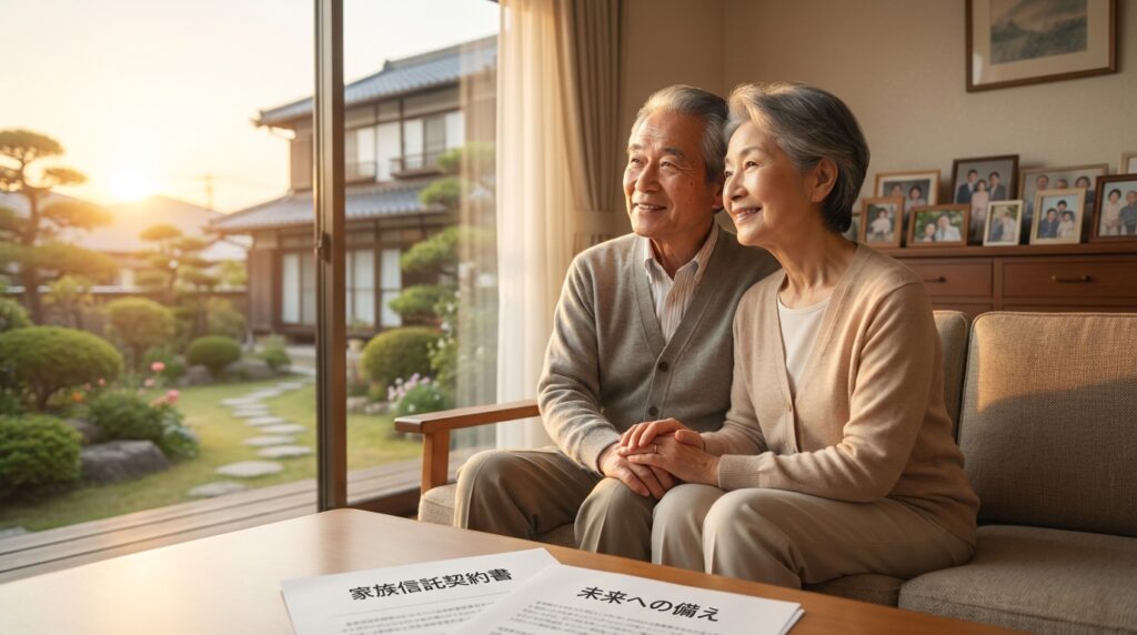 Elderly couple sitting on a beige sofa, holding hands and smiling, with a sunset view through a large window and family photos on a cabinet behind them.