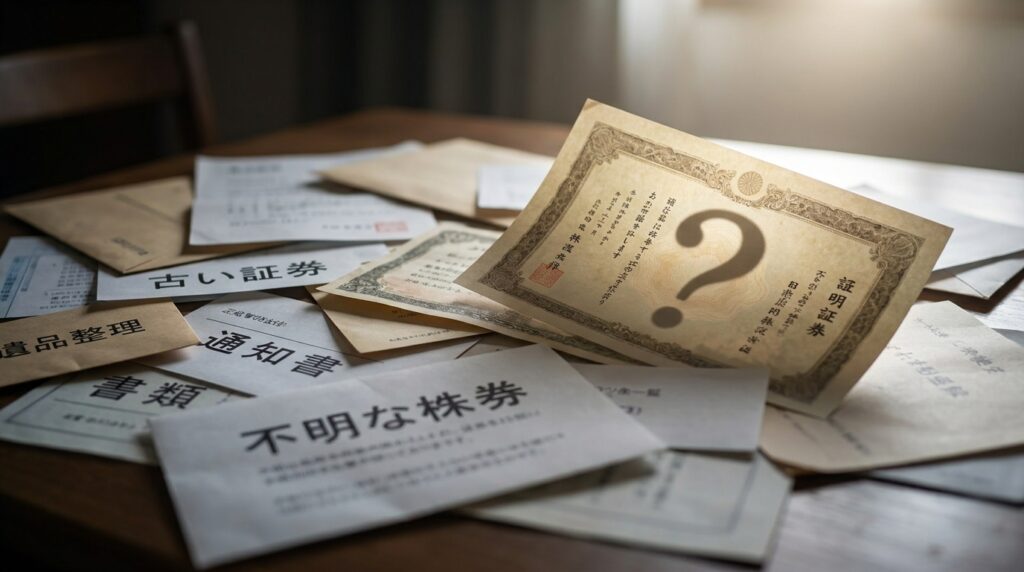 Pile of Japanese financial papers scattered on a table, with a large question-mark certificate signaling unknown or unclear documents.