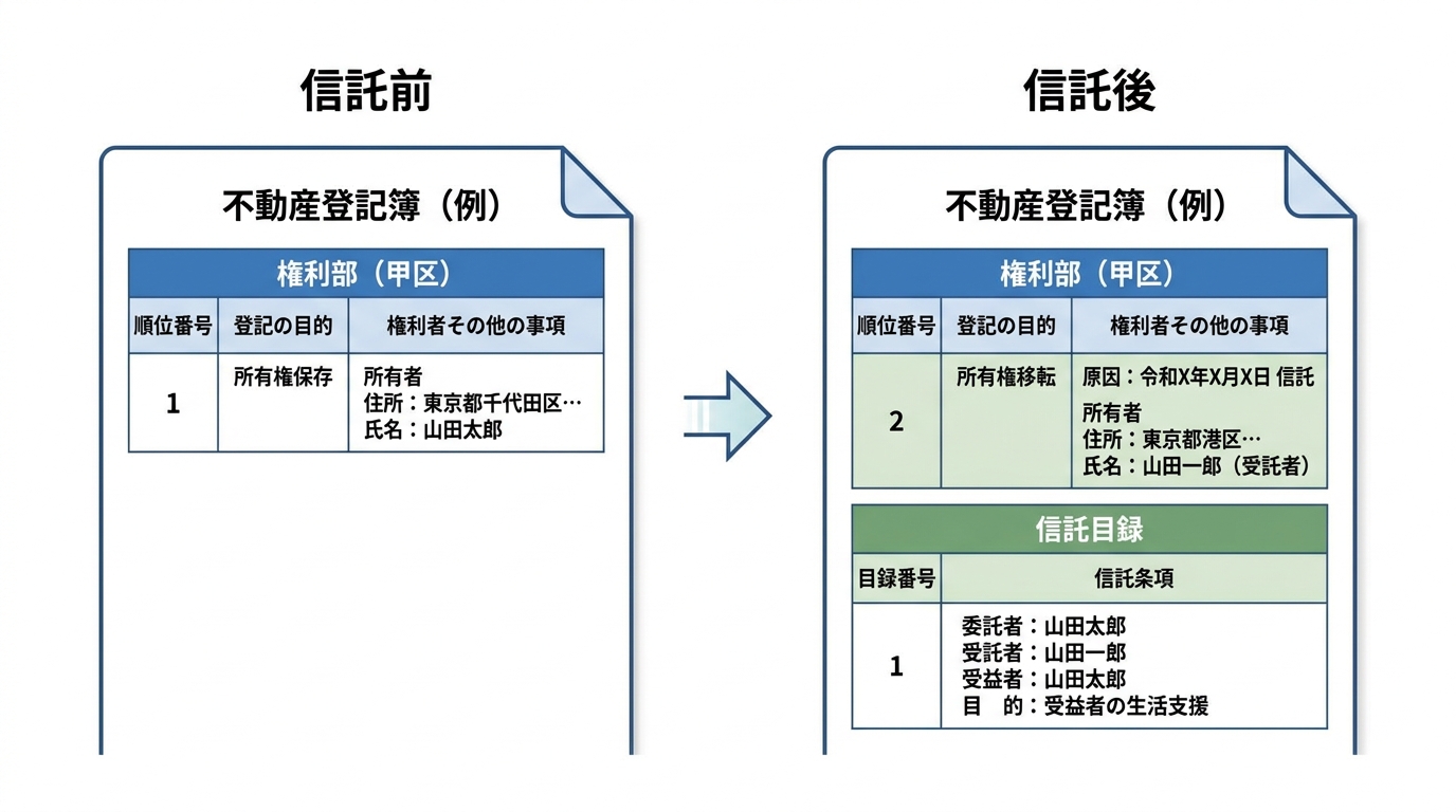ogai_image_1 | いがり円満相続相談室 家族信託による不動産登記簿の変更点を比較した図解。信託前は所有者が親の名前だけだが、信託後は所有者が子(受託者)の名前に変わり、登記原因が「信託」と記載され、信託目録が追加される様子が示されている。