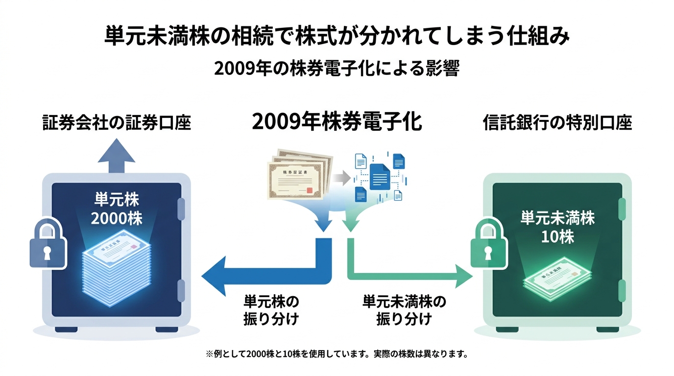 単元未満株の相続で保管場所が「証券口座」と「特別口座」に分かれる仕組みの図解。株券電子化により、単元株と単元未満株が別々に管理される様子を示している。