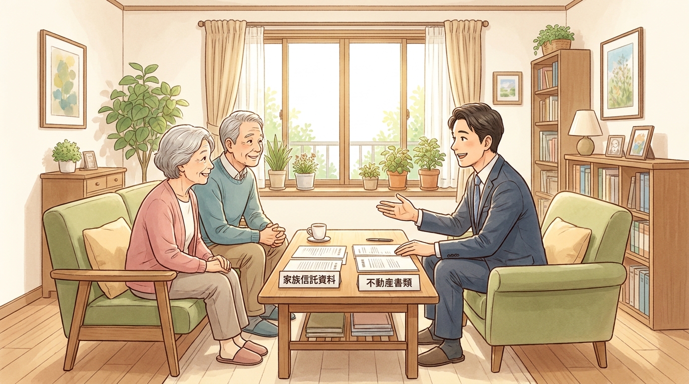 ogai_image_3 | いがり円満相続相談室 司法書士に家族信託の相談をしている家族のイラスト。専門家のアドバイスを受け、安心している様子が描かれている。